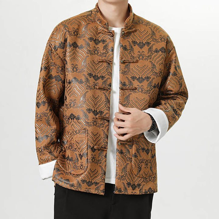 Buddha Stones Copper Frog-Button Chinese Tang Suit Wave Shape Long Shirt Men Jacket Clothing