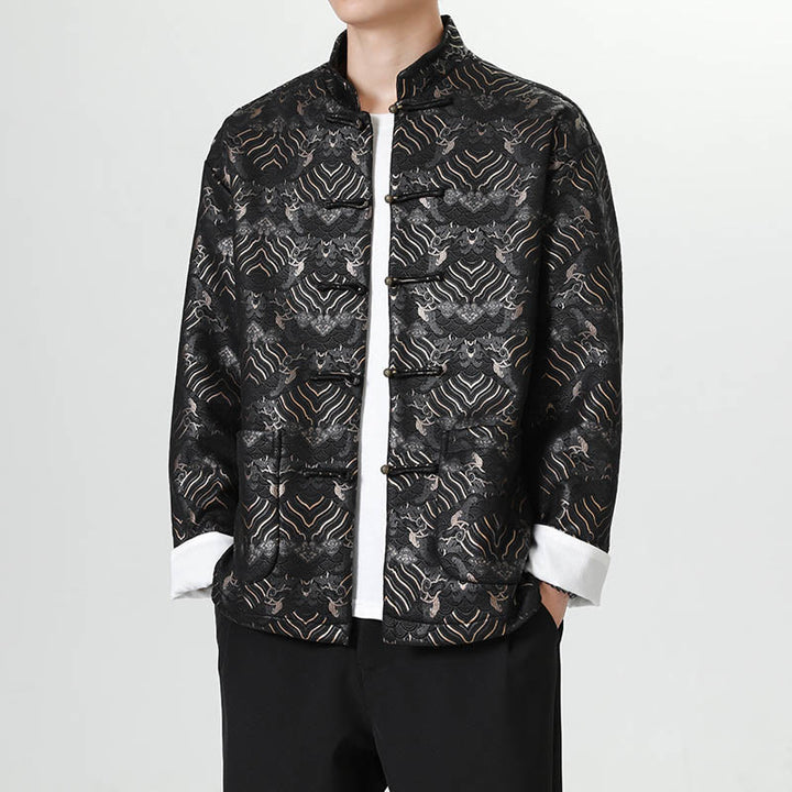 Buddha Stones Copper Frog-Button Chinese Tang Suit Wave Shape Long Shirt Men Jacket Clothing - Black - US/UK/AU46，EU56 (5XL) - image 0