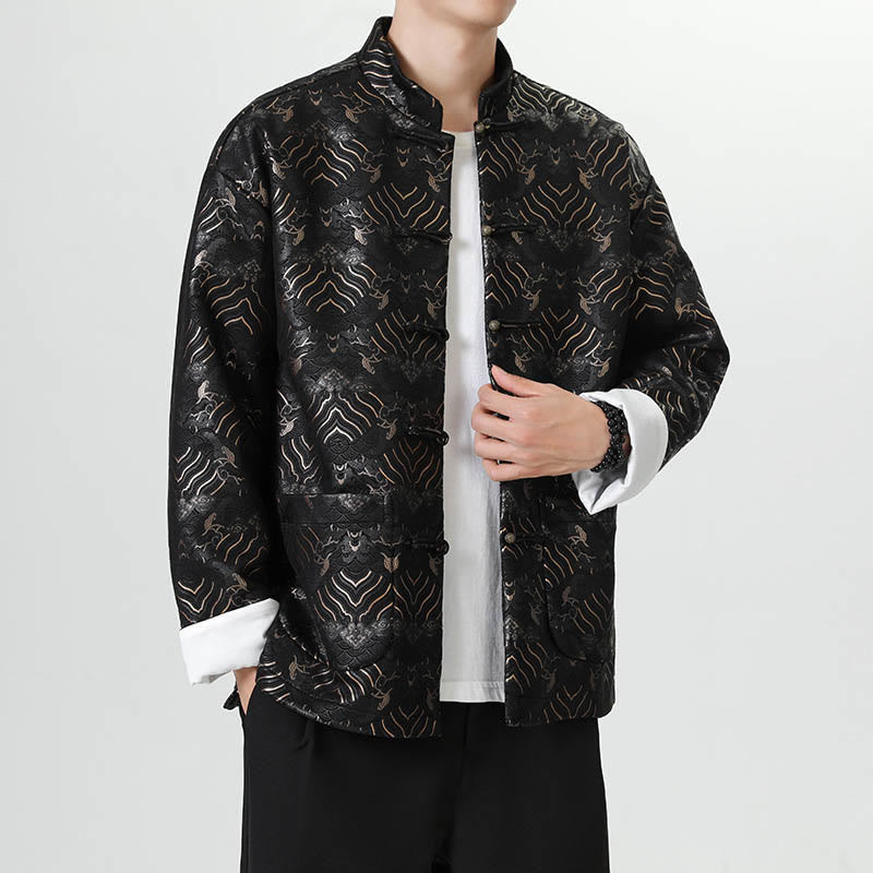 Buddha Stones Copper Frog-Button Chinese Tang Suit Wave Shape Long Shirt Men Jacket Clothing - image 3