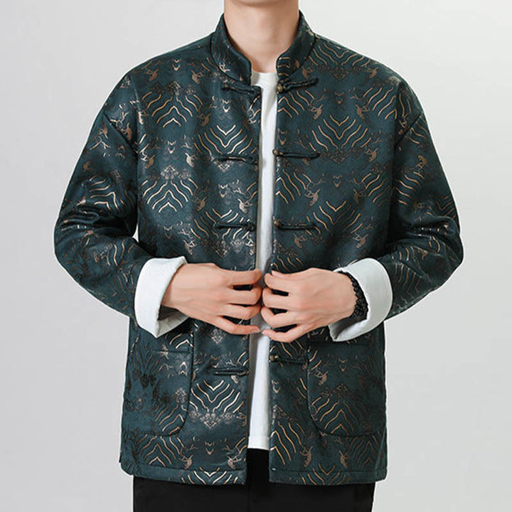 Buddha Stones Copper Frog-Button Chinese Tang Suit Wave Shape Long Shirt Men Jacket Clothing - image 18