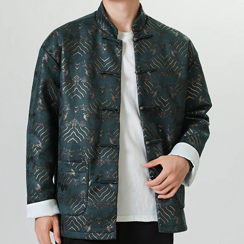 Buddha Stones Copper Frog-Button Chinese Tang Suit Wave Shape Long Shirt Men Jacket Clothing - image 15