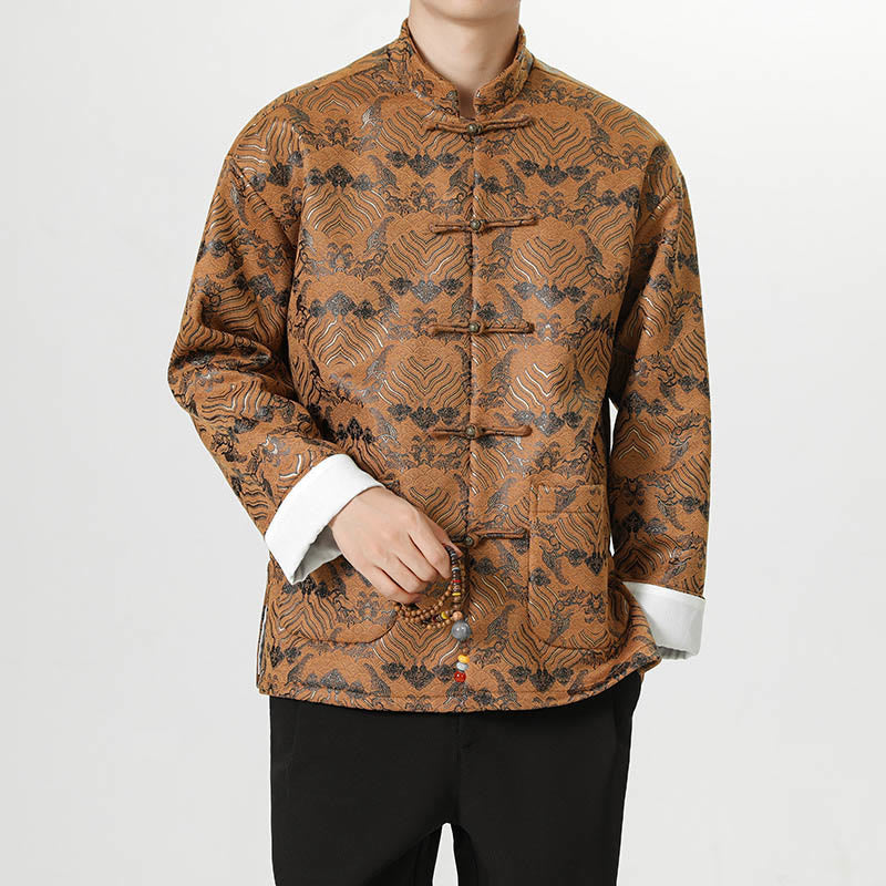 Buddha Stones Copper Frog-Button Chinese Tang Suit Wave Shape Long Shirt Men Jacket Clothing