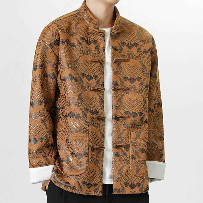 Buddha Stones Copper Frog-Button Chinese Tang Suit Wave Shape Long Shirt Men Jacket Clothing - image 20