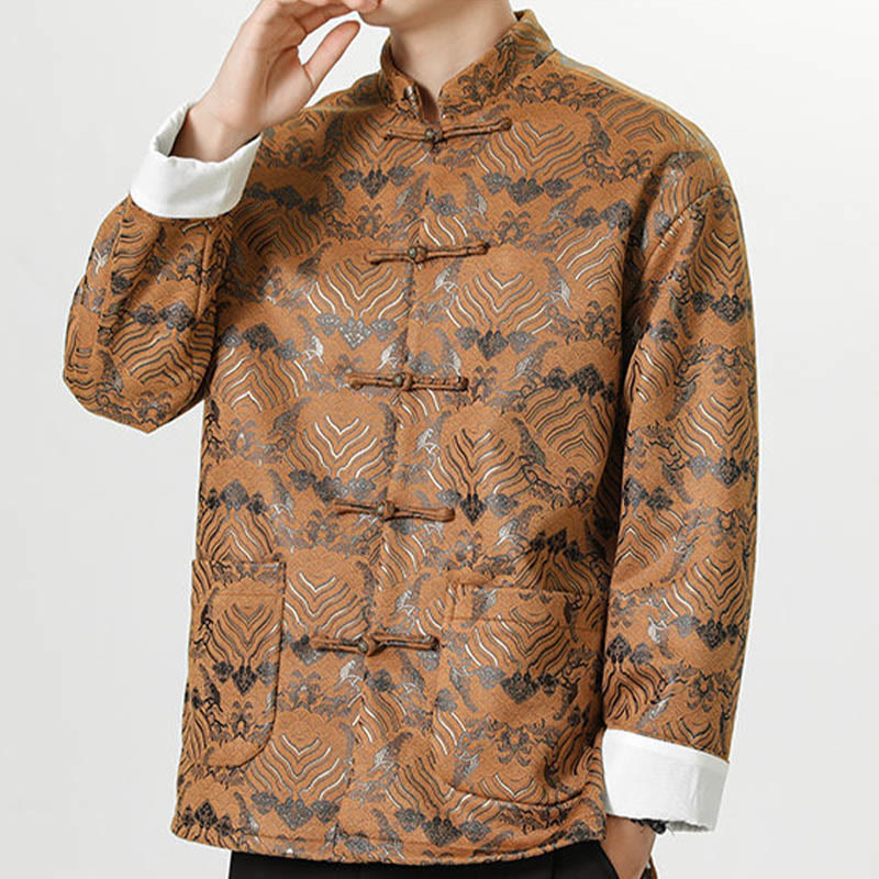 Buddha Stones Copper Frog-Button Chinese Tang Suit Wave Shape Long Shirt Men Jacket Clothing - image 24