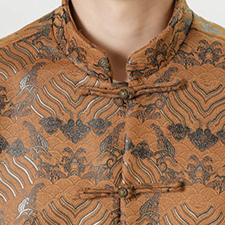 Buddha Stones Copper Frog-Button Chinese Tang Suit Wave Shape Long Shirt Men Jacket Clothing - image 27