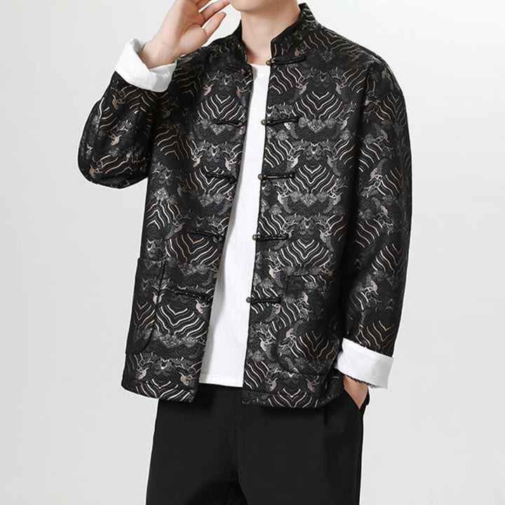 Buddha Stones Copper Frog-Button Chinese Tang Suit Wave Shape Long Shirt Men Jacket Clothing - image 6