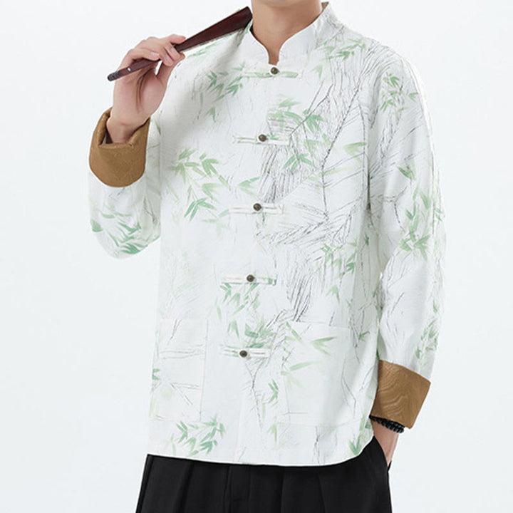 Buddha Stones Printing Bamboo Casual Frog-button Spandex Men's Jacket Shirt Clothing - image 18