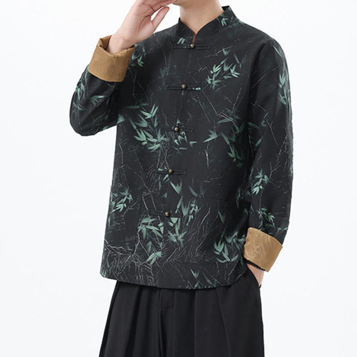 Buddha Stones Printing Bamboo Casual Frog-button Spandex Men's Jacket Shirt Clothing - image 12