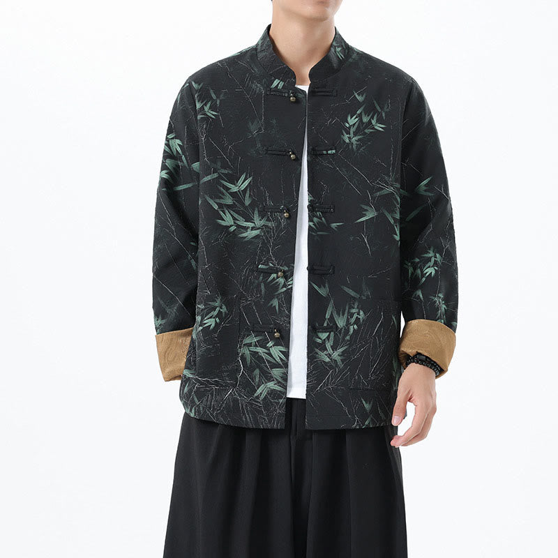 Buddha Stones Printing Bamboo Casual Frog-button Spandex Men's Jacket Shirt Clothing - Black - US/UK/AU46，EU56 (5XL) - image 1