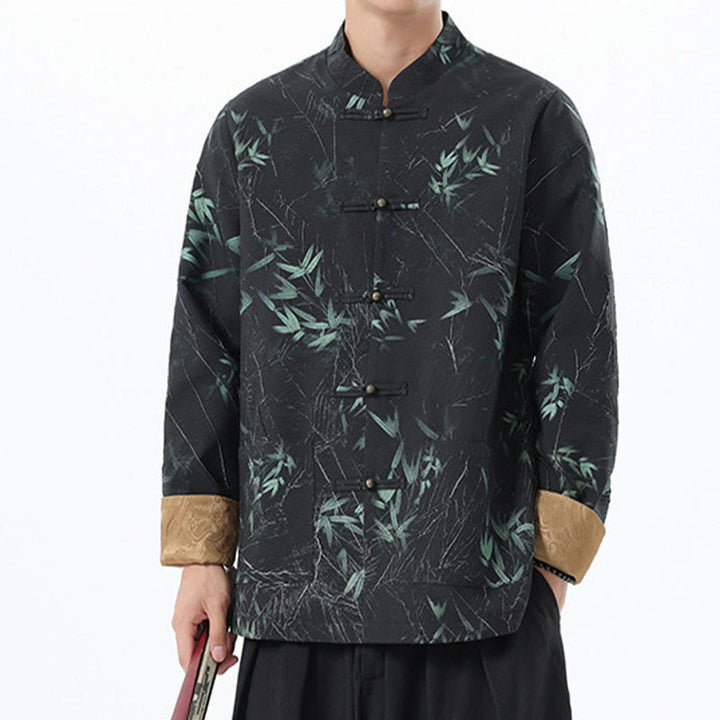 Buddha Stones Printing Bamboo Casual Frog-button Spandex Men's Jacket Shirt Clothing - image 13