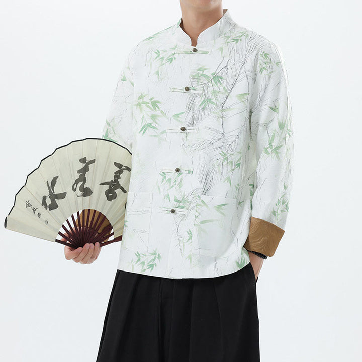 Buddha Stones Printing Bamboo Casual Frog-button Spandex Men's Jacket Shirt Clothing - image 20