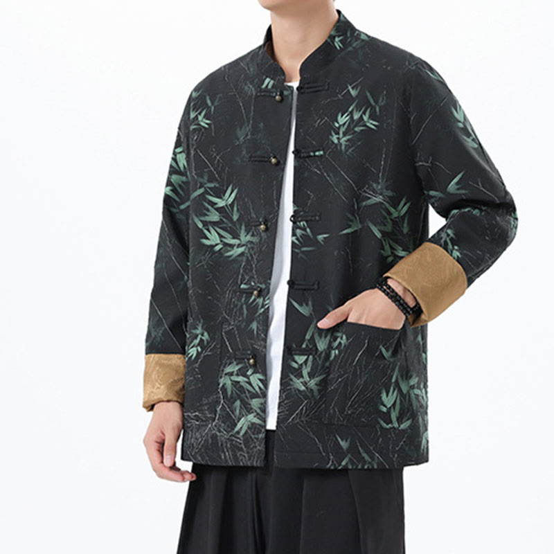 Buddha Stones Printing Bamboo Casual Frog-button Spandex Men's Jacket Shirt Clothing