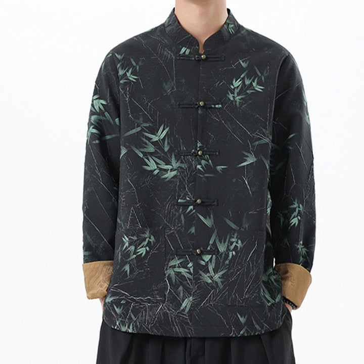 Buddha Stones Printing Bamboo Casual Frog-button Spandex Men's Jacket Shirt Clothing - image 6