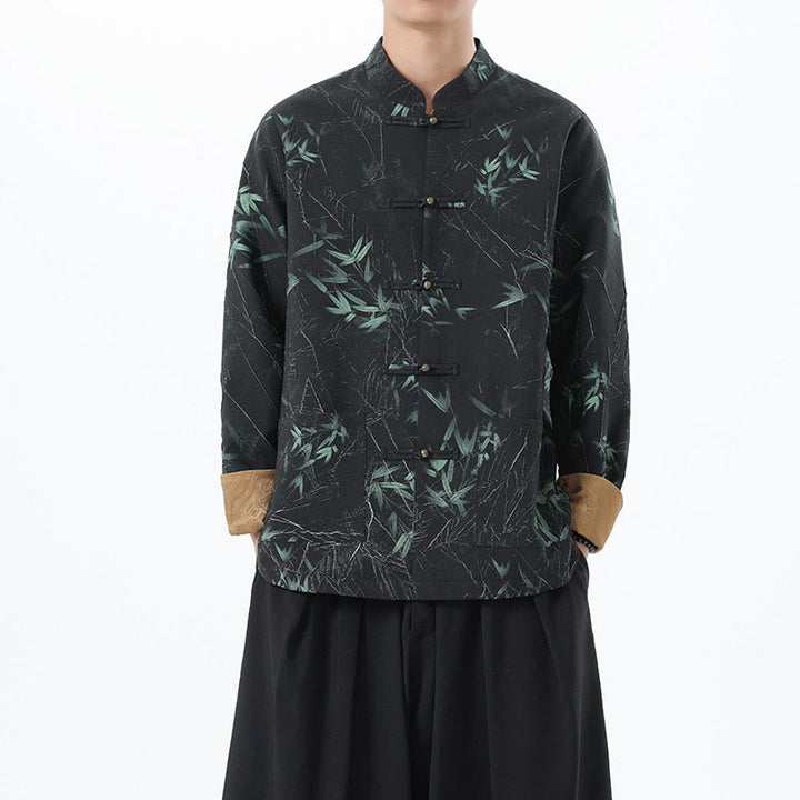 Buddha Stones Printing Bamboo Casual Frog-button Spandex Men's Jacket Shirt Clothing - image 8