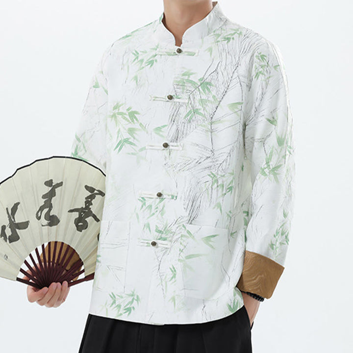 Buddha Stones Printing Bamboo Casual Frog-button Spandex Men's Jacket Shirt Clothing - image 19