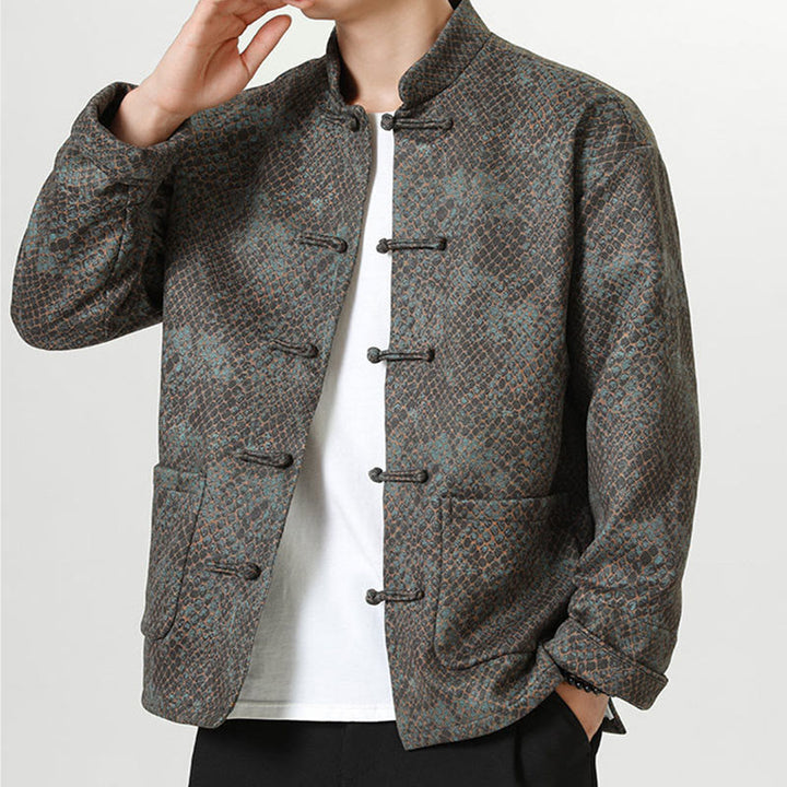 Buddha Stones Casual Suede Python Pattern Frog-button Cotton Men's Jacket Shirt Clothing