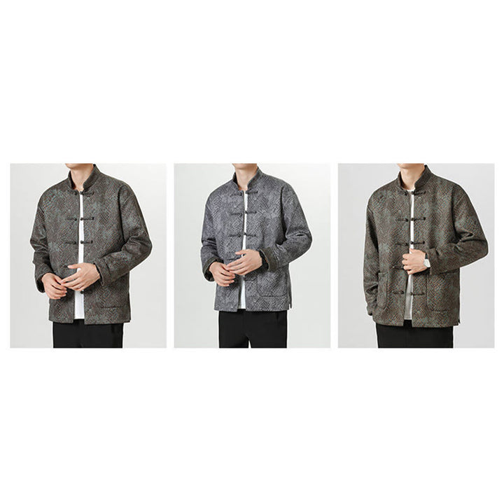 Buddha Stones Casual Suede Python Pattern Frog-button Cotton Men's Jacket Shirt Clothing