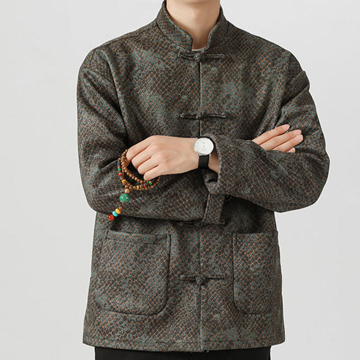 Buddha Stones Casual Suede Python Pattern Frog-button Cotton Men's Jacket Shirt Clothing