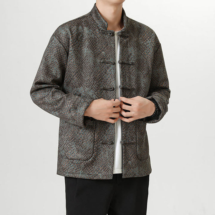 Buddha Stones Casual Suede Python Pattern Frog-button Cotton Men's Jacket Shirt Clothing