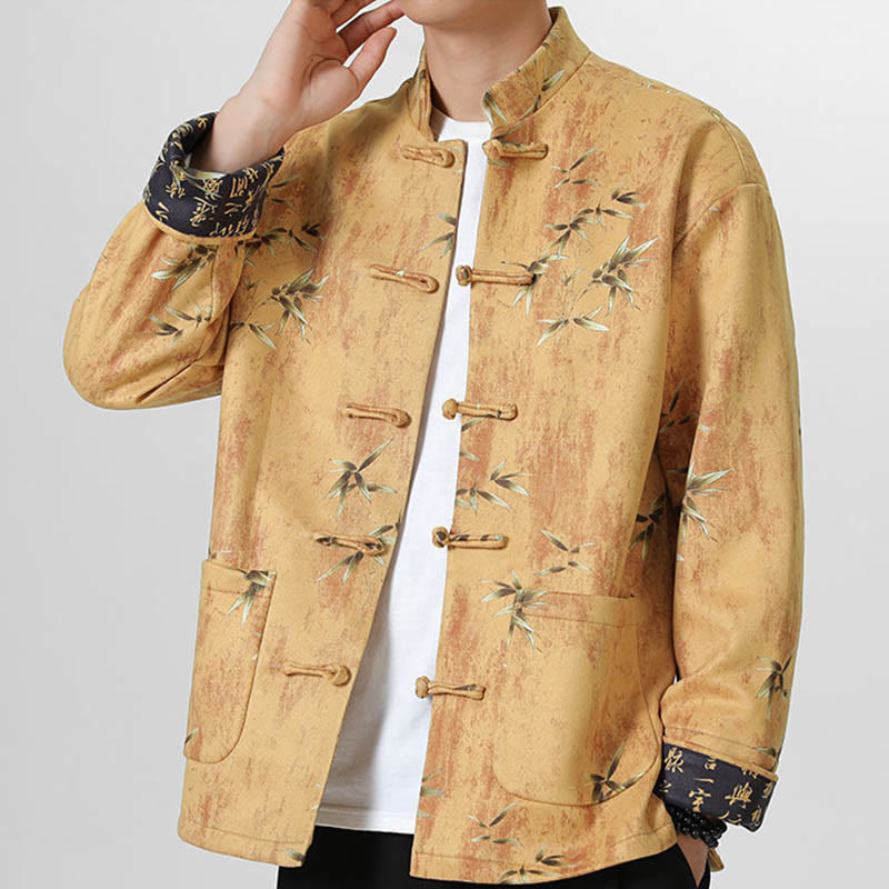 Buddha Stones Frog-Button Chinese Tang Suit Stand Collar Lanting Xu Character Long Shirt Men Jacket Clothing