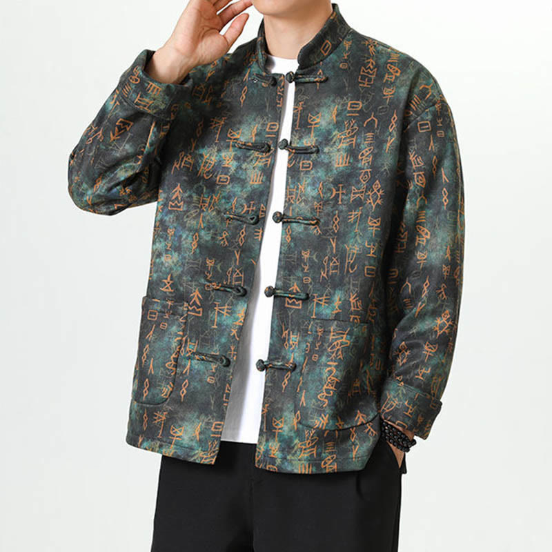 Buddha Stones Frog-Button Chinese Tang Suit Stand Collar Suede Oracle Character Long Shirt Men Cotton Jacket Clothing