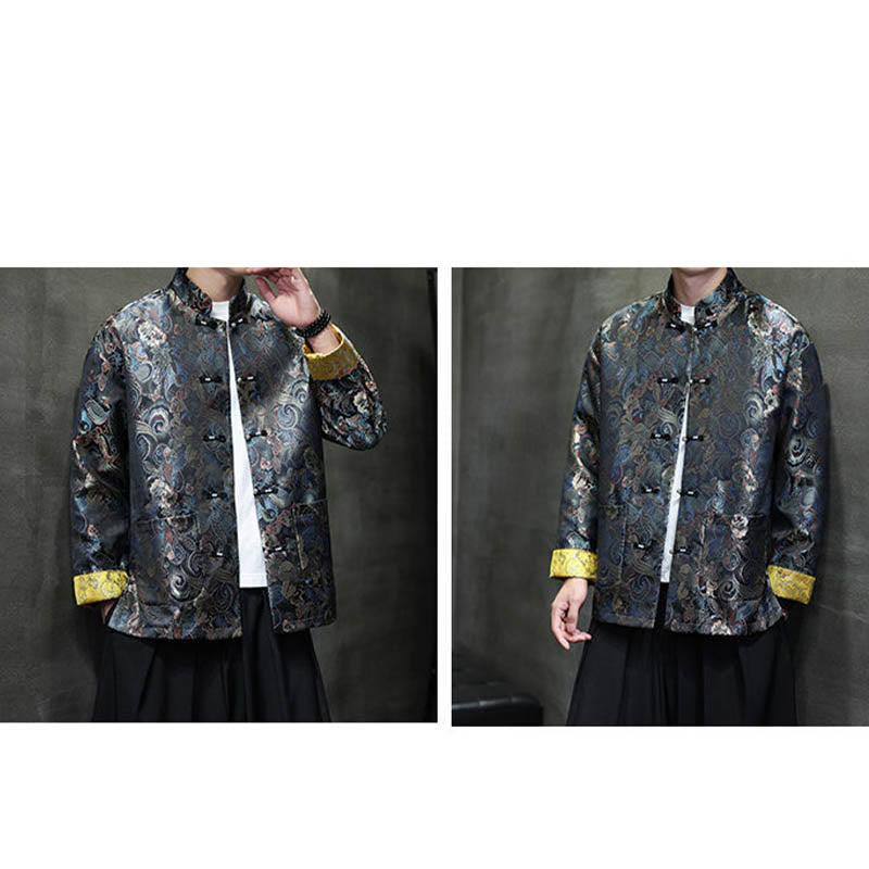 Buddha Stones Frog-Button Chinese Tang Suit Stand Collar Long Shirt Men Jacket Clothing