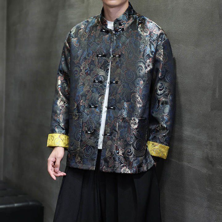 Buddha Stones Frog-Button Chinese Tang Suit Stand Collar Long Shirt Men Jacket Clothing