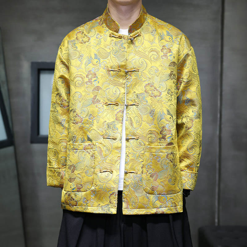 Buddha Stones Frog-Button Chinese Tang Suit Stand Collar Long Shirt Men Jacket Clothing - Gold - US/UK/AU46，EU56 (5XL) - image 18