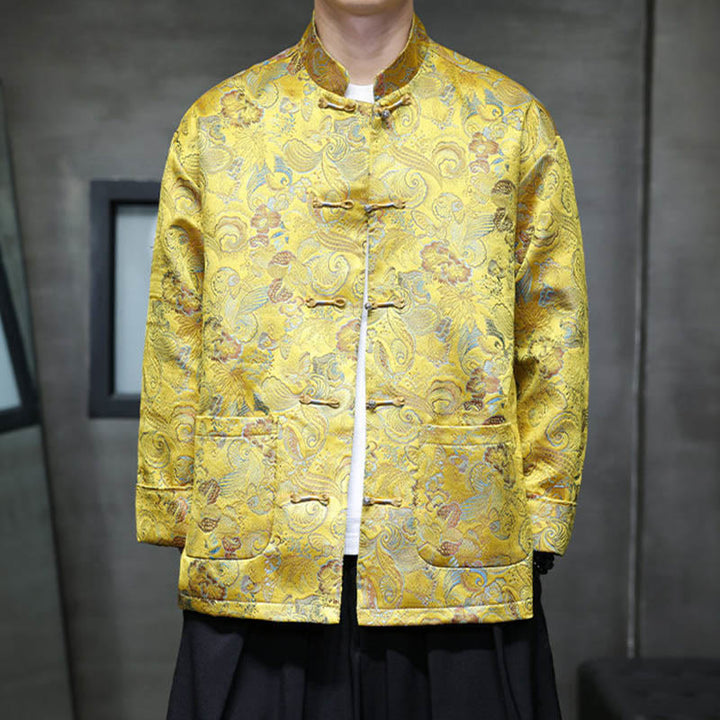 Buddha Stones Frog-Button Chinese Tang Suit Stand Collar Long Shirt Men Jacket Clothing - Gold - US/UK/AU46，EU56 (5XL) - image 18