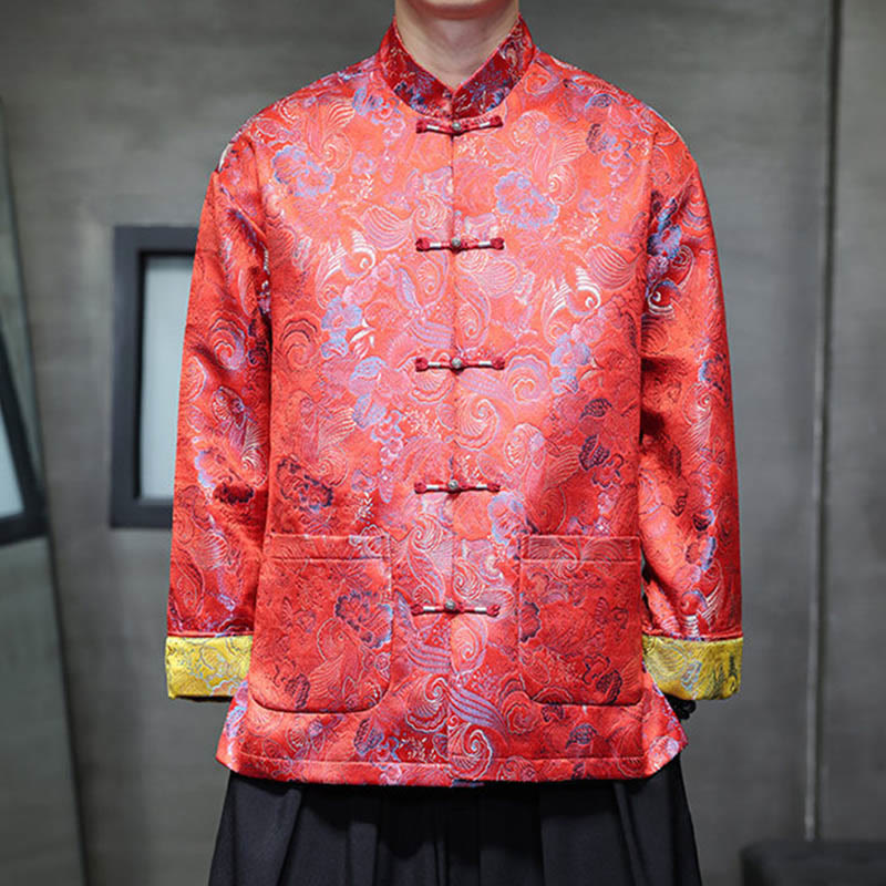 Buddha Stones Frog-Button Chinese Tang Suit Stand Collar Long Shirt Men Jacket Clothing - OrangeRed - US/UK/AU46，EU56 (5XL) - image 8