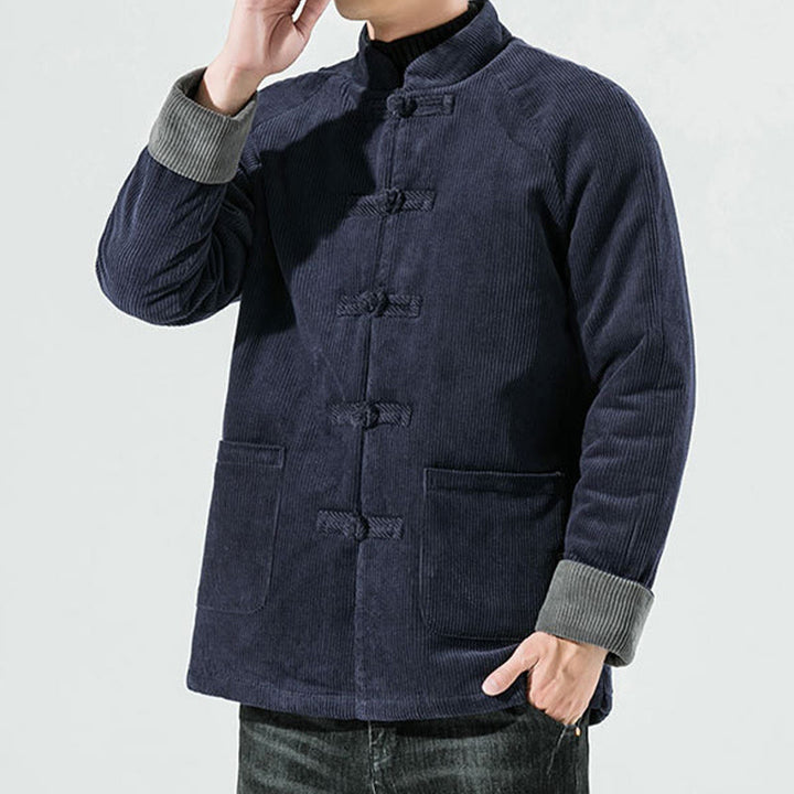 Buddha Stones Frog-Button Chinese Tang Suit Stand Collar Long Shirt Corduroy Men Cotton Jacket Clothing