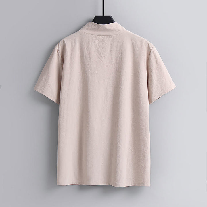 Buddha Stones Loose Men's T-Shirt Solid Color Top Short Sleeve V Collar Breathable Linen Shirt - image 5