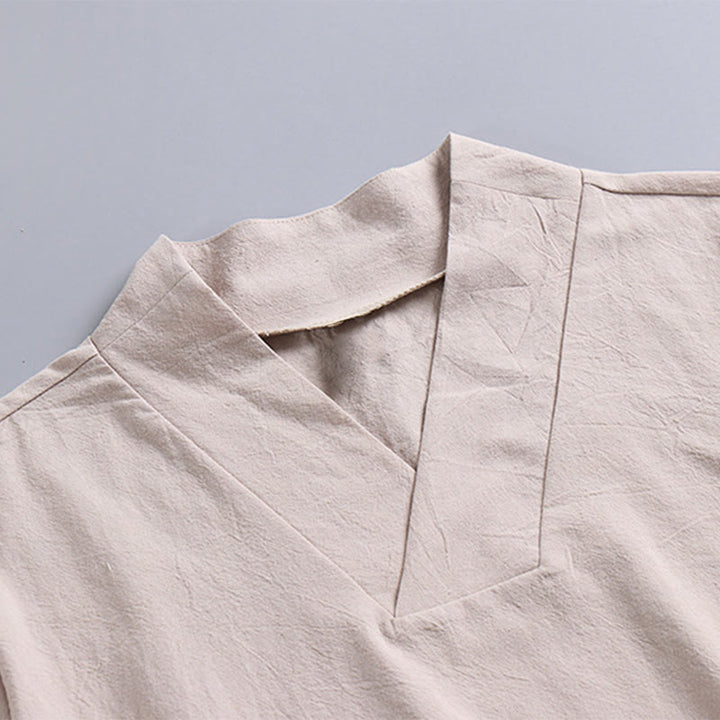 Buddha Stones Loose Men's T-Shirt Solid Color Top Short Sleeve V Collar Breathable Linen Shirt - image 7