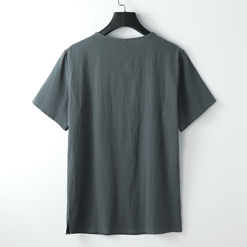 Buddha Stones Men's T-Shirt Solid Color Top Short Sleeve Three-button V Collar Soft Cotton Shirt - image 2