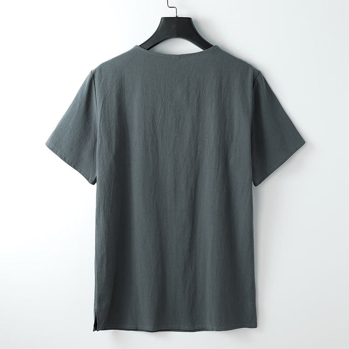 Buddha Stones Men's T-Shirt Solid Color Top Short Sleeve Three-button V Collar Soft Cotton Shirt - image 2