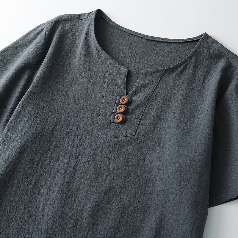 Buddha Stones Men's T-Shirt Solid Color Top Short Sleeve Three-button V Collar Soft Cotton Shirt - image 3