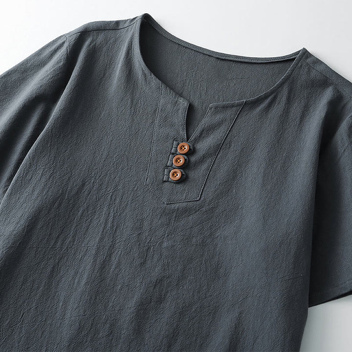 Buddha Stones Men's T-Shirt Solid Color Top Short Sleeve Three-button V Collar Soft Cotton Shirt - image 3