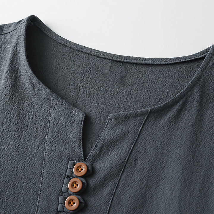 Buddha Stones Men's T-Shirt Solid Color Top Short Sleeve Three-button V Collar Soft Cotton Shirt - image 3