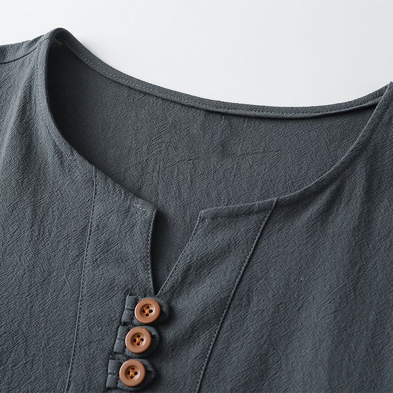 Buddha Stones Men's T-Shirt Solid Color Top Short Sleeve Three-button V Collar Soft Cotton Shirt - image 4