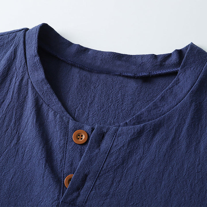 Buddha Stones Loose Men's T-shirt Solid Color Top Short Sleeve Button Notched Neck Soft Cotton Linen Shirt - image 6