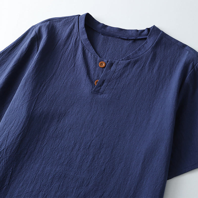 Buddha Stones Loose Men's T-shirt Solid Color Top Short Sleeve Button Notched Neck Soft Cotton Linen Shirt - image 5