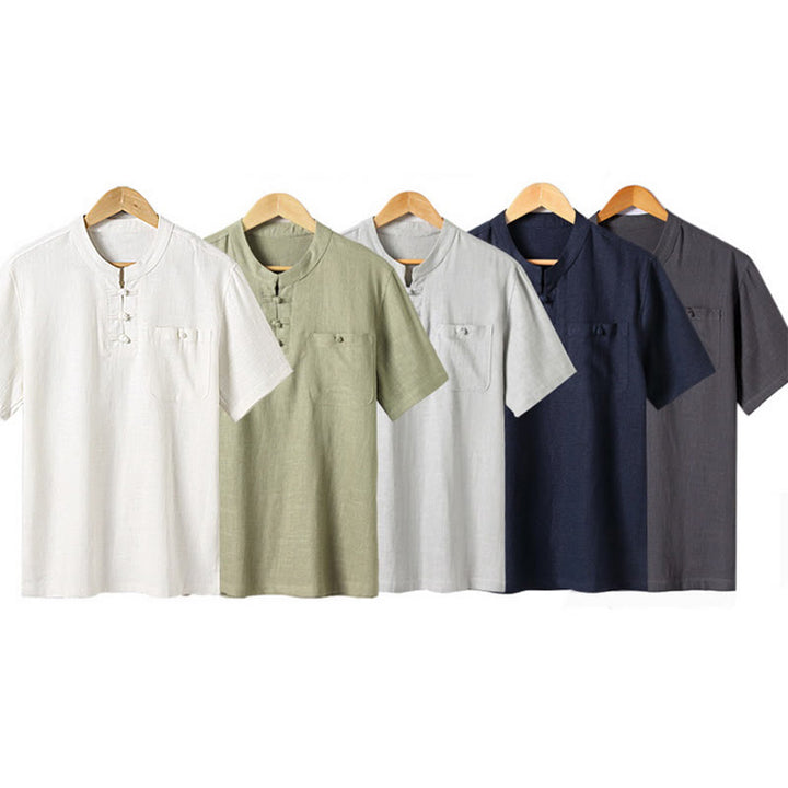 Buddha Stones Loose Men's Shirt Solid Color Notched Neck Top Short Sleeve Comfy Button Breathable Cotton Linen Shirt