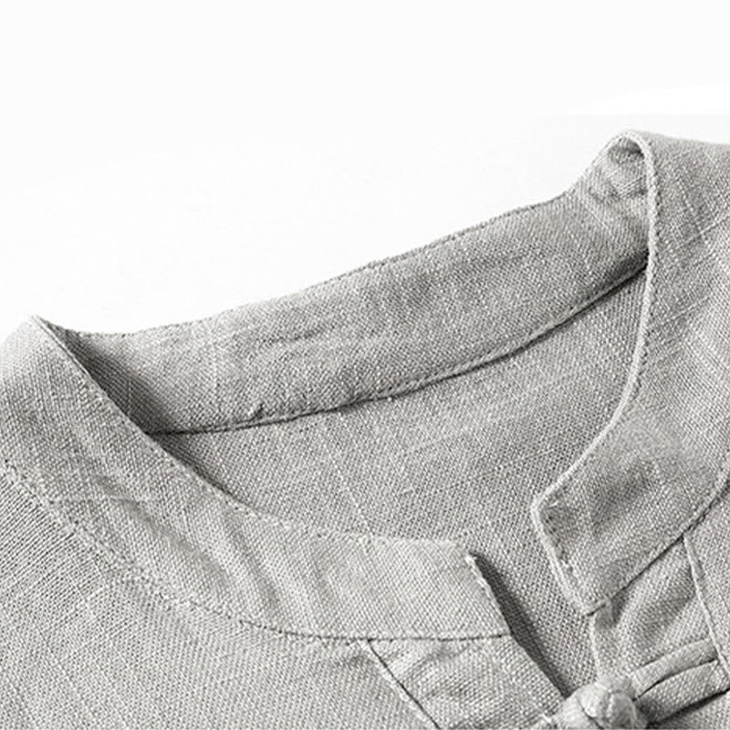 Buddha Stones Loose Men's Shirt Solid Color Notched Neck Top Short Sleeve Comfy Button Breathable Cotton Linen Shirt - image 7