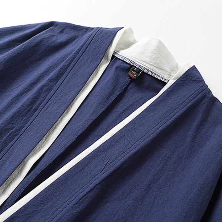 Buddha Stones Fake Two-piece Men's Half Sleeve Cardigan Embroidery Hanfu Comfort Cotton Shirt - image 4