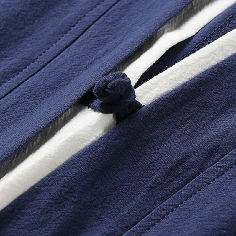 Buddha Stones Fake Two-piece Men's Half Sleeve Cardigan Embroidery Hanfu Comfort Cotton Shirt - image 5