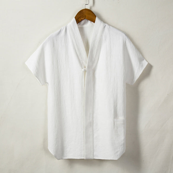 Buddha Stones Men's Short Sleeve Shirt With Pocket Notched Neck Cardigan Comfort Cotton Linen Shirt - image 3