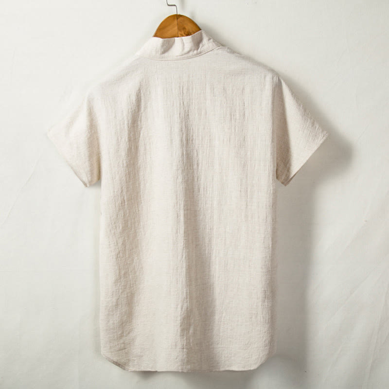 Buddha Stones Men's Short Sleeve Shirt With Pocket Notched Neck Cardigan Comfort Cotton Linen Shirt - image 2