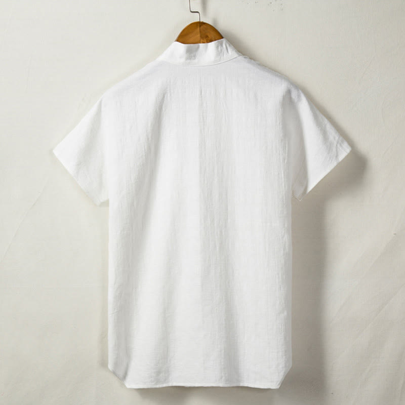 Buddha Stones Men's Short Sleeve Shirt With Pocket Notched Neck Cardigan Comfort Cotton Linen Shirt - image 4