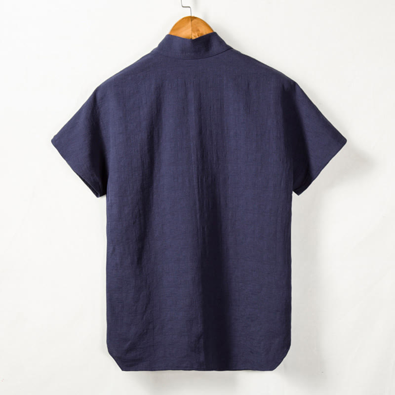 Buddha Stones Men's Short Sleeve Shirt With Pocket Notched Neck Cardigan Comfort Cotton Linen Shirt - image 8