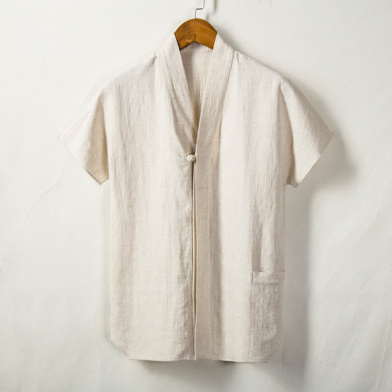 Buddha Stones Men's Short Sleeve Shirt With Pocket Notched Neck Cardigan Comfort Cotton Linen Shirt - image 1